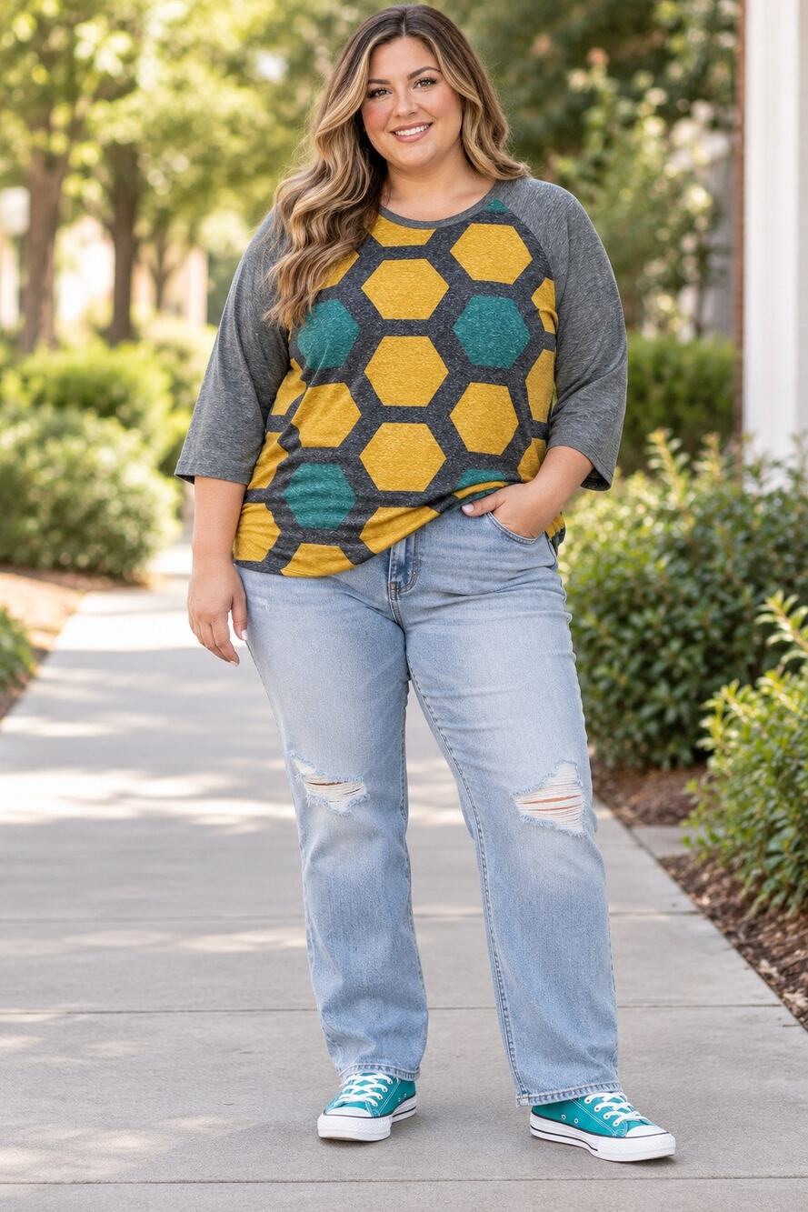 LuLaRoe Randy 3XL Gray Mustard Teal Hexagon Raglan Baseball Tee NWT